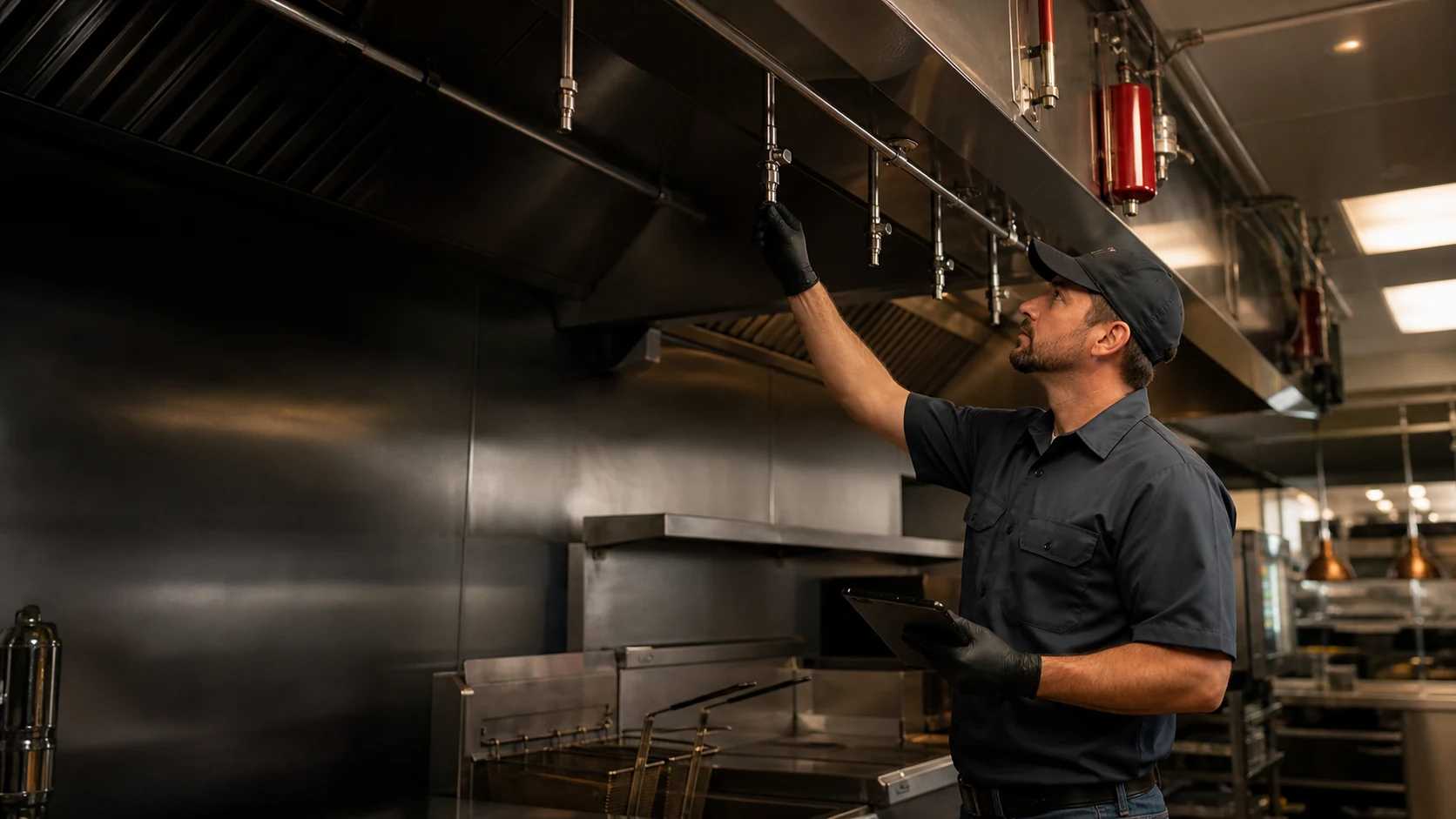 Technician inspecting a commercial kitchen hood fire suppression system in Miami.