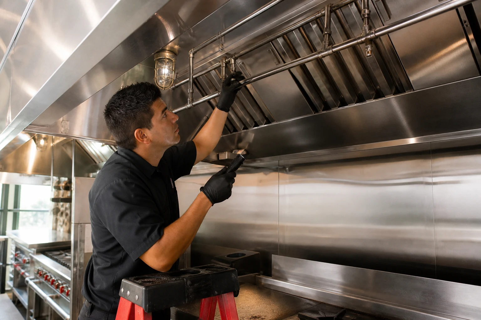Fire protection technician inspecting kitchen fire suppression piping beneath a commercial hood.