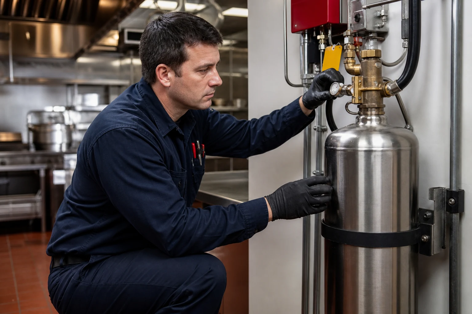 Technician examining a wet-chemical commercial kitchen fire suppression cylinder and control assembly.