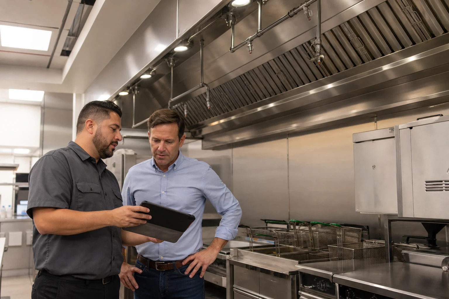 Technician and contractor planning kitchen hood fire suppression service in a commercial kitchen.