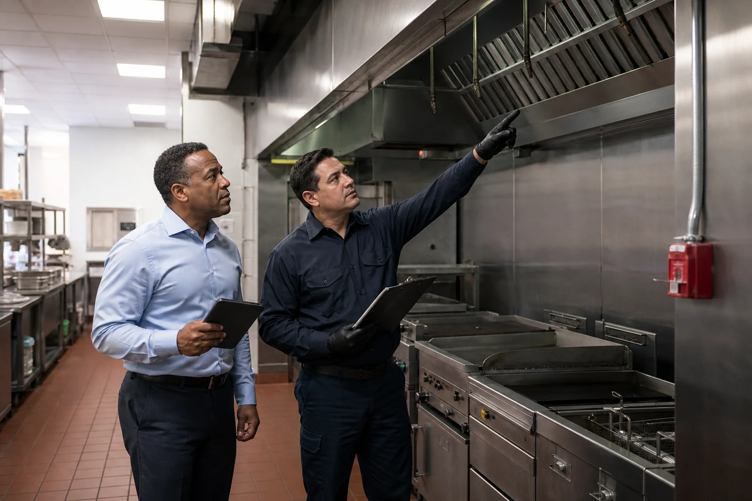 Facility manager reviewing a commercial kitchen fire protection system with a service technician.