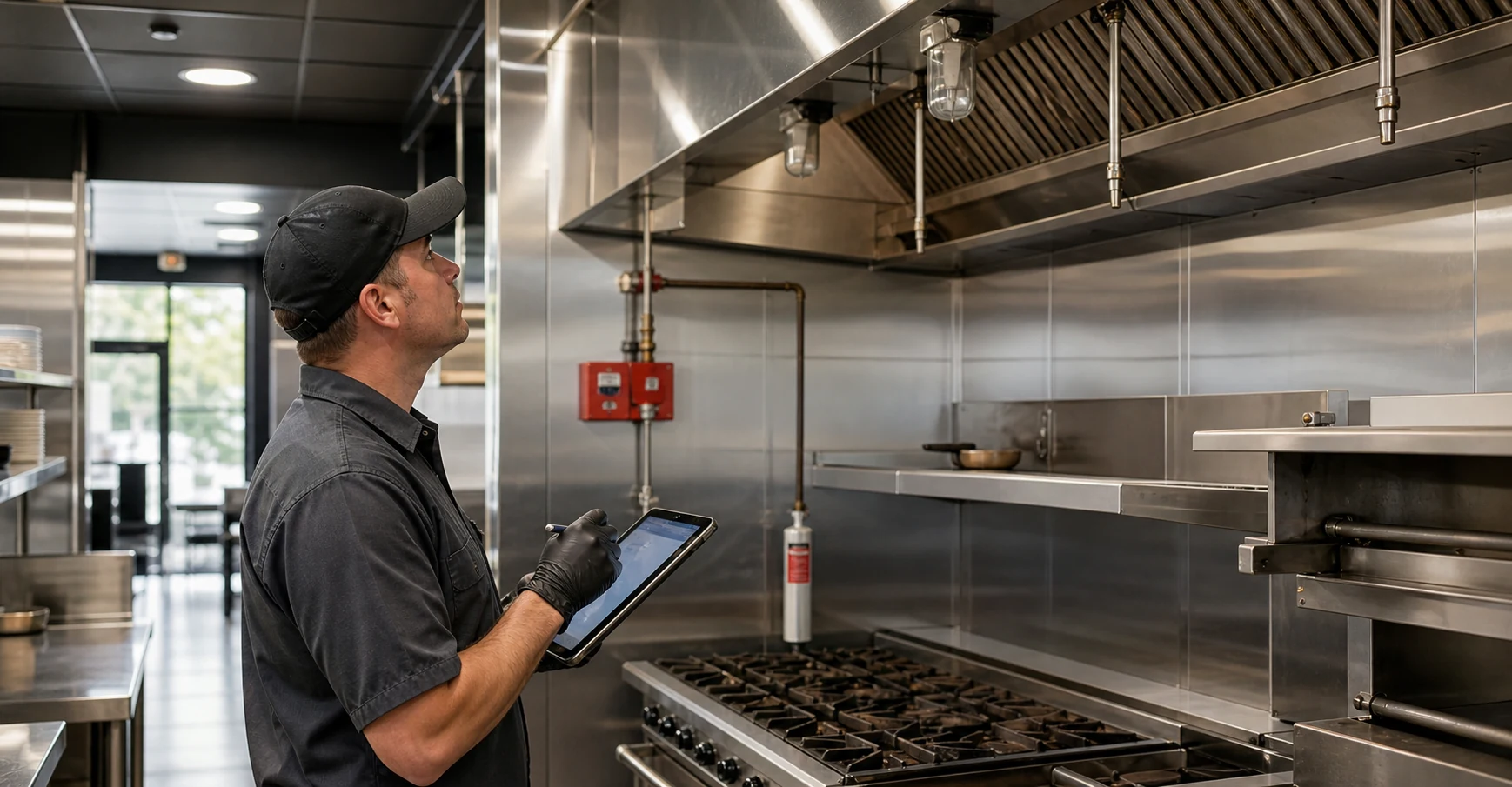 Technician documenting kitchen fire suppression maintenance in a Miami commercial kitchen.